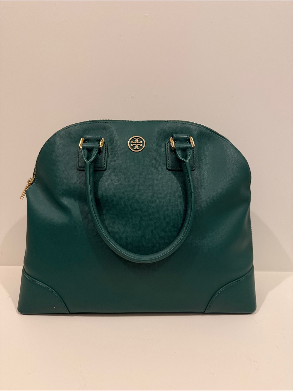 Tory Burch Deep Green Leather Dome Satchel with Gold Hardware